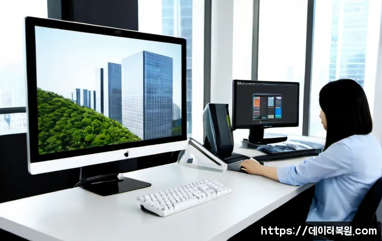강남구 STATUS_FILE_NOT_FOUND - Photorealistic IT support workstation in a sleek Gangnam office tower, frustrated designer viewing a...