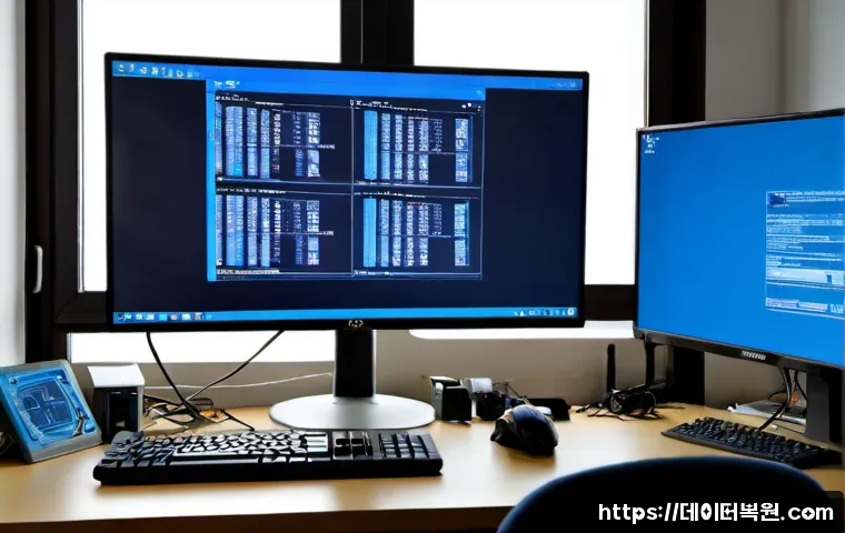 사당동 INTERNAL_POWER_ERROR - Photorealistic PC repair workstation in a compact Sadang-dong apartment office, dual monitors showin...