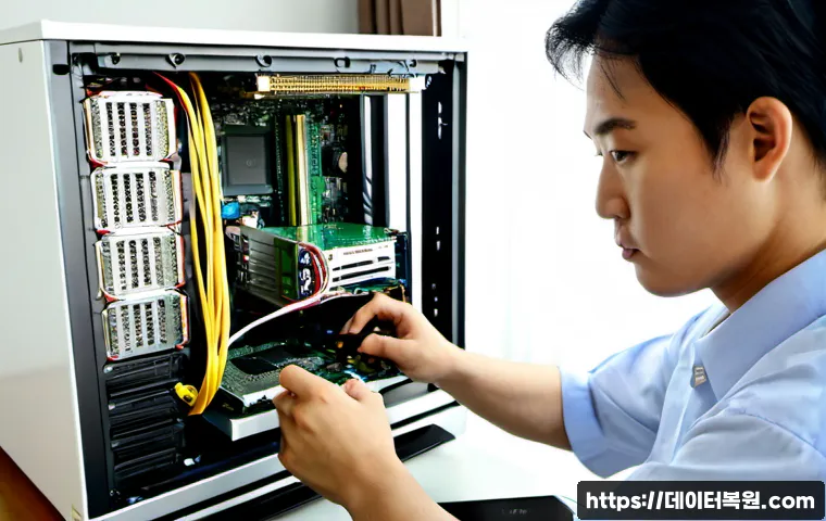 토당동 컴퓨터업그레이드 - Photorealistic computer upgrade workshop in a compact Todatong apartment office, technician installi...