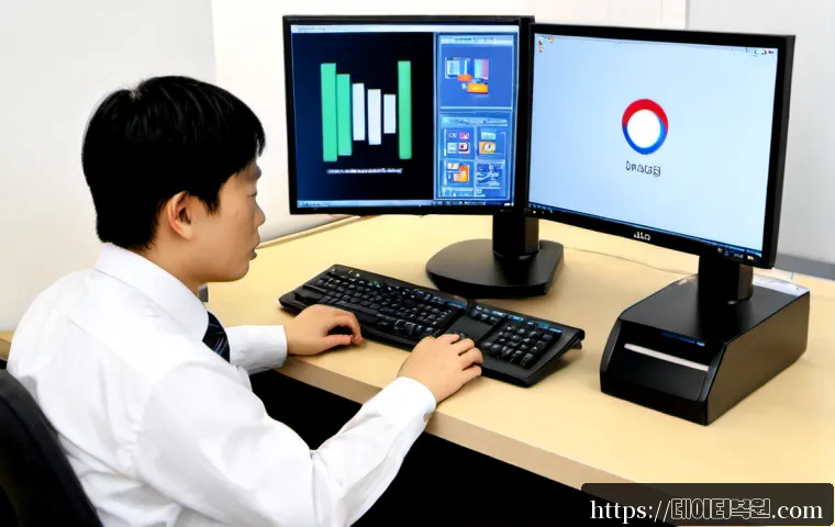 발산동 SYSTEM_LICENSE_VIOLATION - Photorealistic IT support workstation in a compact Balsan-dong office, dual monitors showing a clean...