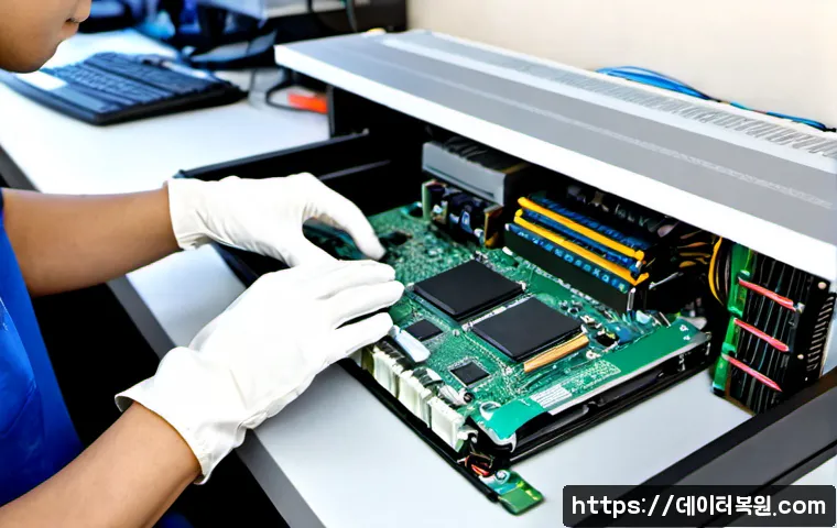 청량리동 RAM조립 및 교체수리 - Photorealistic close-up of a desktop computer repair bench, technician wearing anti-static gloves ca...