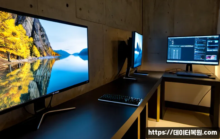 압구정동 입력신호가 없습니다 - Photorealistic premium design studio in Apgujeong-dong, sleek dual-monitor workstation with one disp...