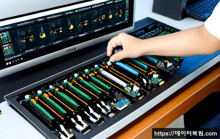 일산동 RAM조립 및 교체수리 - Photorealistic computer repair workstation in Ilsandong, technician carefully installing two RAM mod...