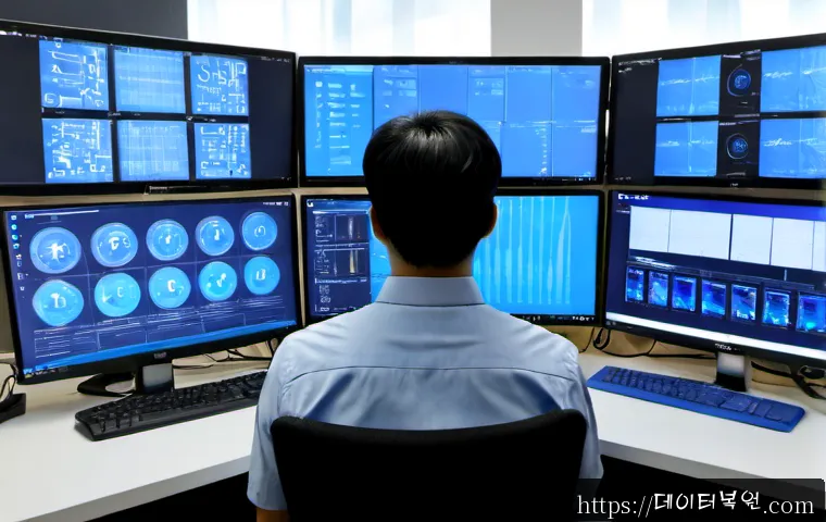 장항동 STATUS_KERNEL_DEBUG_FAILURE - Photorealistic IT support workstation in a modern Janghang-dong office, dual unbranded monitors show...