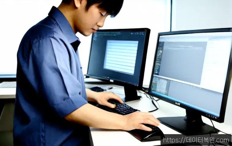 일산서구 출장방문윈도우 windows 설치 - Photorealistic on-site computer technician installing a modern desktop operating system on a dual-mo...
