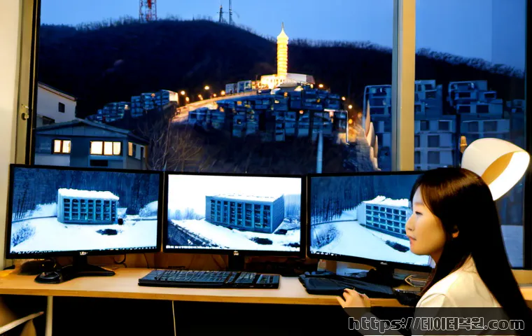 현저동 STATUS_INSUFFICIENT_RESOURCES - Photorealistic compact architectural workstation in Hyeonjeo-dong, Seoul, dual monitors showing a de...