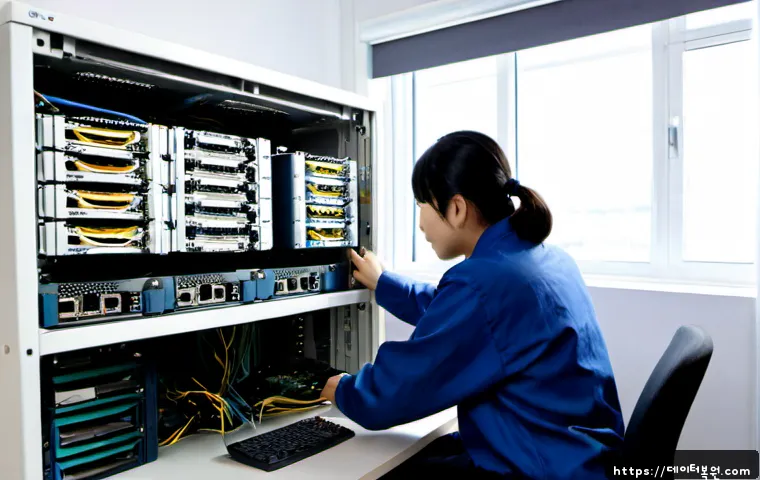 구로구 ftp서버출장방문수리점 - Photorealistic IT technician repairing a compact rack-mounted FTP server in a Guro-gu style small of...