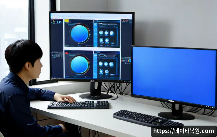 서대문구 VIDEO_DRIVER_INIT_FAILURE - Photorealistic remote-support workstation in a Seodaemun apartment office, dual monitors with one di...