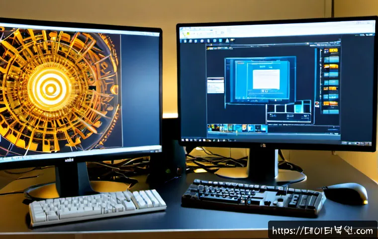 구로동 STATUS_INVALID_DISPOSITION - Photorealistic IT support workstation in a compact Guro-dong office, dual monitors showing a clean a...