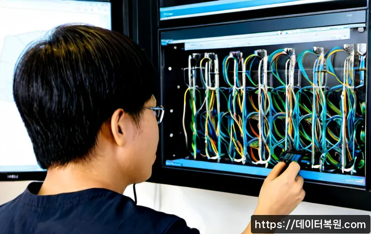 합정동 THREAD_TERMINATION_PORT - Photorealistic IT support workstation in a compact Hapjeong-dong studio office, technician inspectin...