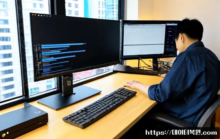문배동 bootdevice - Photorealistic IT support workstation in a compact Mubae-dong apartment office, technician reconnect...