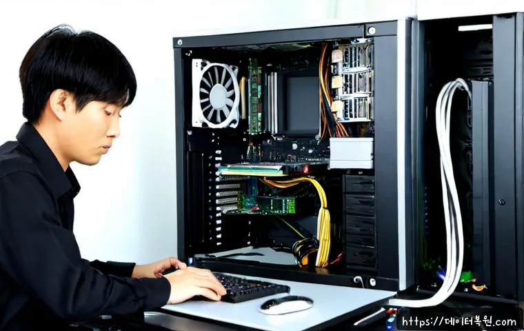 미근동 하드조립 및 교체수리 - Photorealistic computer repair workstation in a compact Migun-dong office, technician installing a n...