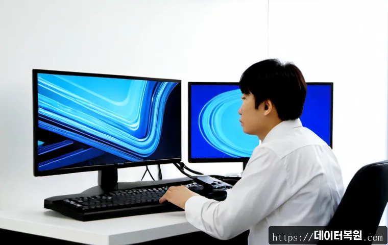 대화동 IRQL_NOT_LESS_OR_EQUAL - Photorealistic IT support workstation in a modern Daehwa-dong office, dual monitors showing a clean ...