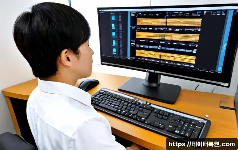 효제동 STATUS_SESSION_TIMEOUT - Photorealistic IT support workstation in Hyoje-dong, Seoul, dual monitors showing a clean abstract s...