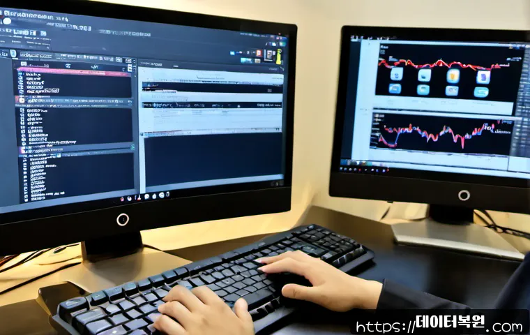 영등포동 STATUS_MEMORY_ACCESS_DENIED - Photorealistic remote IT support workstation in Yeongdeungpo-dong, Seoul, dual monitors showing a cl...