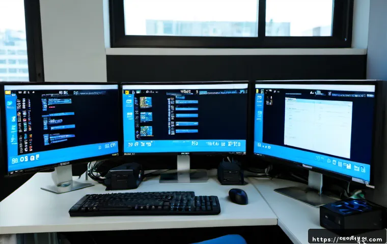 구로동 DRIVER_IRQL_NOT_LESS_OR_EQUAL - Photorealistic IT support workstation in a compact Guro-dong office, dual monitors showing a blue sy...