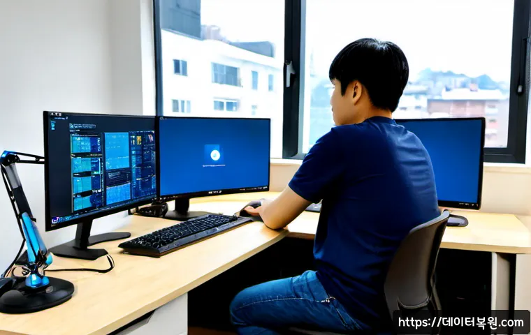 화양동 WATCHDOG_VIOLATION - Photorealistic IT support workstation in a compact Hwayang-dong studio office, dual monitors frozen ...
