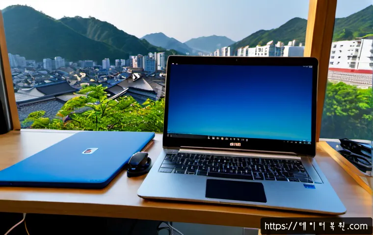 혜화동 HARDWARE_FAILURE - Photorealistic desktop workstation in a compact Hyehwa-dong apartment studio, ultrabook showing a bl...
