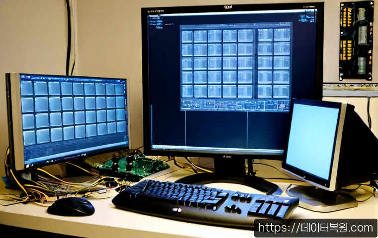 을지로 STATUS_MEMORY_VIOLATION - Photorealistic computer repair workstation in an Euljiro-style electronics workshop, desktop monitor...