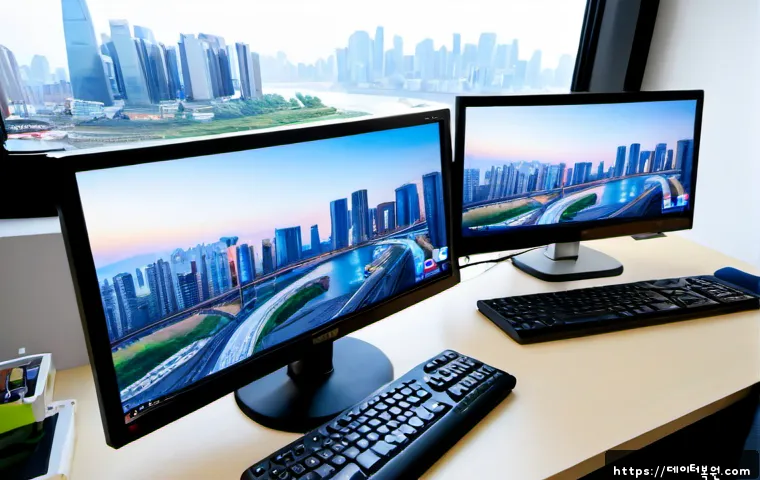 잠원동 CRITICAL_PROCESS_DIED - Photorealistic remote-support workstation in a modern Jamwon-dong apartment, dual monitors with one ...