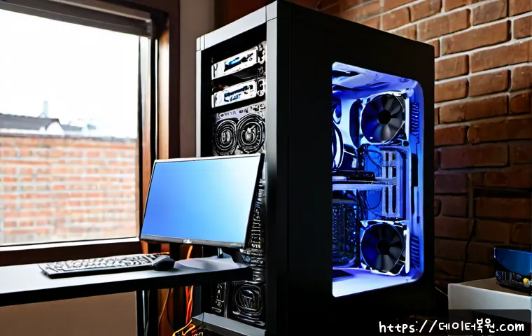상수동 조립컴퓨터 pc 출장판매설치 - Photorealistic compact desktop PC installation in a Sangsu-dong apartment studio, technician careful...