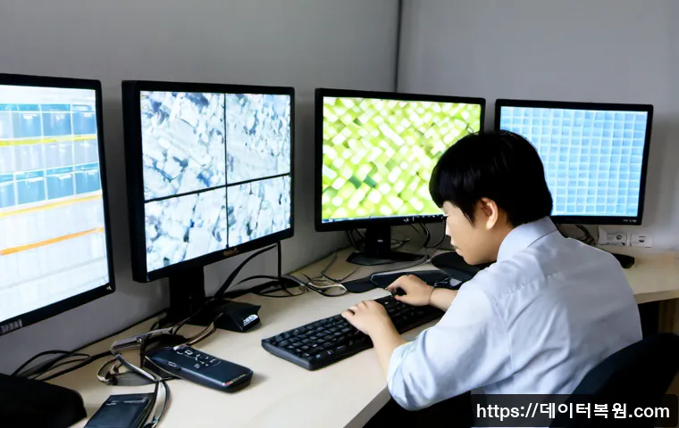 회현동 STATUS_IMAGE_CORRUPTION - Photorealistic remote-support workstation in a compact hillside office near Hyeon-dong, technician v...