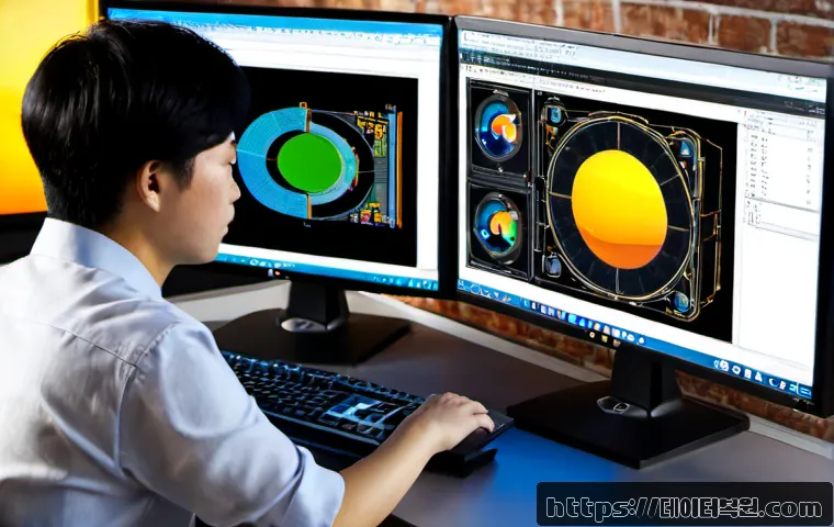 당인동 SOFTWARE_EXCEPTION - Photorealistic software engineer at a dual-monitor workstation, abstract CAD-style mechanical assemb...