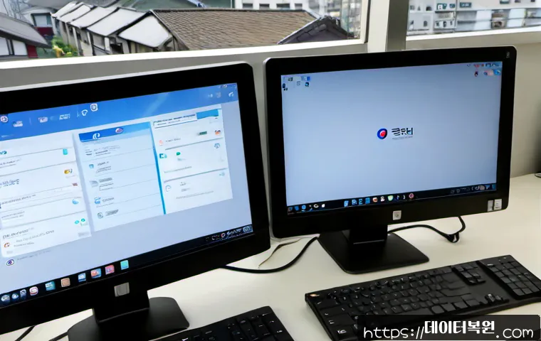 장사동 STATUS_MODULE_ACCESS_DENIED - Photorealistic compact software support workstation in Jangsadong, Seoul, dual monitors showing a cl...