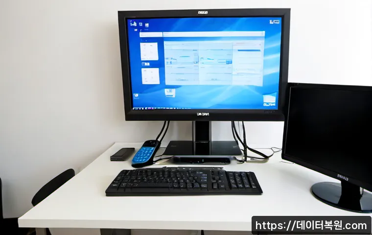 북가좌동 STATUS_KERNEL_THREAD_TIMEOUT - Photorealistic remote-support workstation in a compact Bukgajwa-dong apartment office, dual monitors...