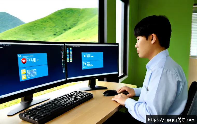 퇴촌면 STATUS_INSUFFICIENT_RESOURCES - Photorealistic IT support workstation in a quiet riverside township office, dual monitors showing a ...