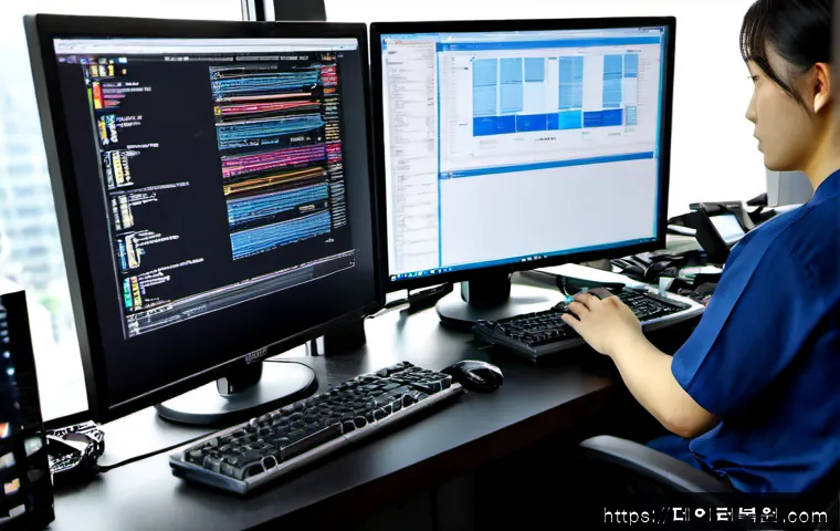 둔촌동 POOL_CORRUPTION_IN_FILE_AREA - Photorealistic IT support workstation in a compact Dunchon-dong office, dual monitors showing abstra...
