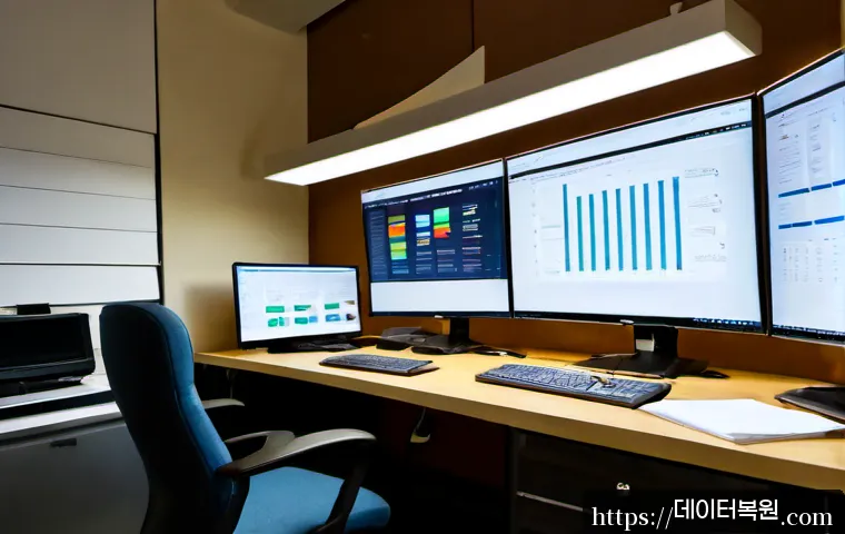 홍대 MULTIPLE_IRP_COMPLETE_REQUESTS - Photorealistic IT support workstation in a compact Hongdae-style creative office, dual monitors disp...