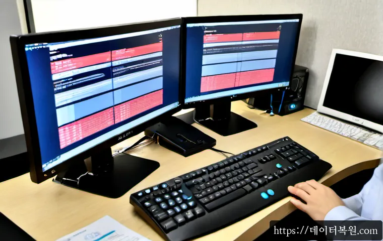 수하동 POOL_CORRUPTION_IN_FILE_AREA - Photorealistic remote IT support workstation in a compact Suha-dong office, dual monitors showing a ...