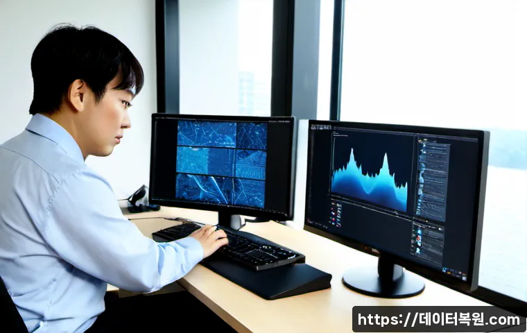 강일동 STATUS_KERNEL_THREAD_TIMEOUT - Photorealistic IT support workstation in a modern riverside apartment office, dual monitors showing ...