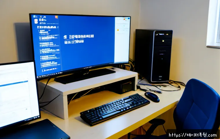설문동 KERNEL_SECURITY_CHECK_FAILURE - Photorealistic workstation in a quiet suburban Korean apartment, dual monitors showing a plain deep-...