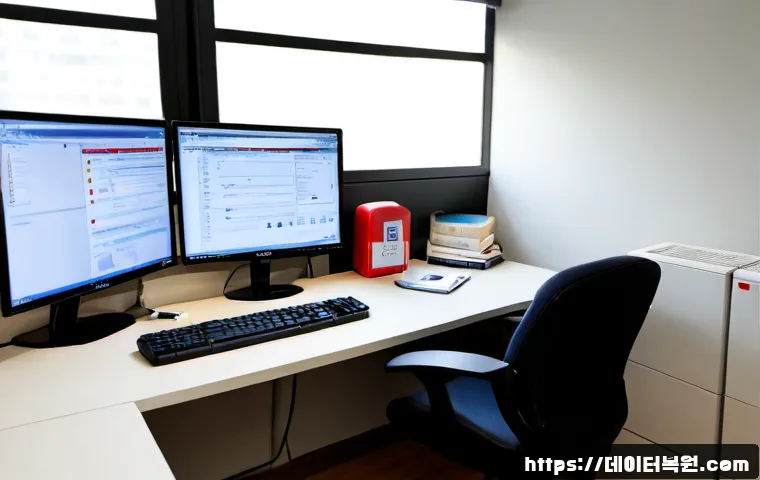 관훈동 STATUS_NETWORK_ACCESS_DENIED - Photorealistic IT support workstation in a compact Insadong-area design office, monitor showing a ge...