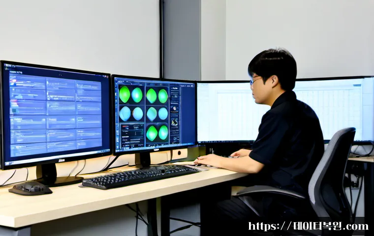 마장동 STATUS_STACK_UNDERFLOW - Photorealistic IT support workstation in a compact Seoul wholesale-district office, dual monitors sh...