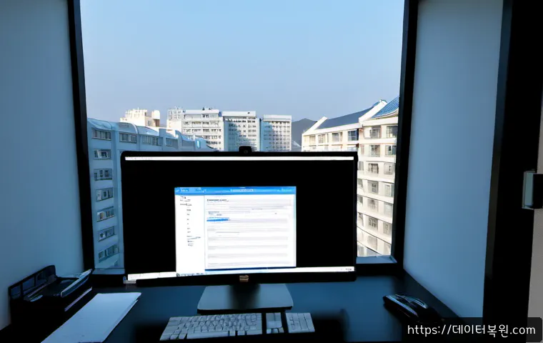 관철동 STATUS_PAGEFILE_MISSING - Photorealistic IT support workstation in a compact Gwancheol-dong office, dual monitors showing a bl...