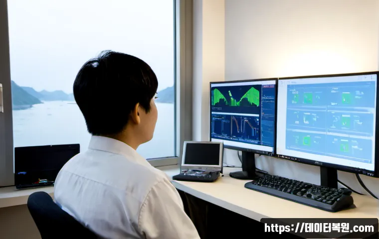 현천동 NDIS_INTERNAL_ERROR - Photorealistic IT support workstation in a compact Korean apartment office, dual monitors showing ab...