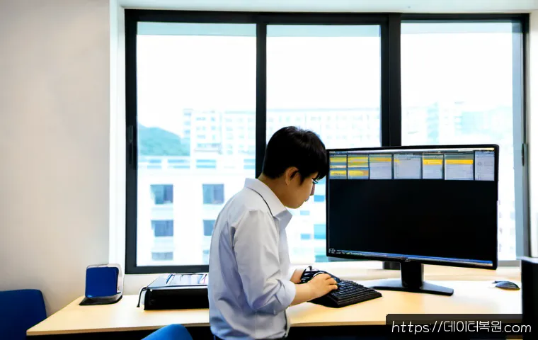 창천동 POOL_CORRUPTION_IN_FILE_AREA - Photorealistic IT support workstation in Changcheon-dong, focused technician examining a dual-monito...