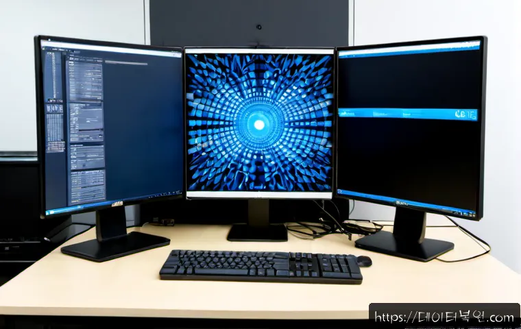 장교동 MACHINE_CHECK_EXCEPTION - Photorealistic IT support workstation in a compact central Seoul office, dual monitors showing a bla...