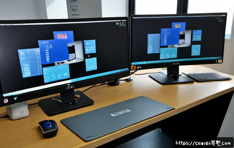 용문동 STATUS_FILE_INVALID - Photorealistic remote-support workstation in a compact Yongmun-dong office, dual monitors showing an...