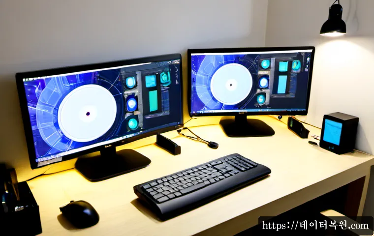 대학동 FAT32_FILE_SYSTEM - Photorealistic IT support workstation in a compact Daehak-dong student apartment, dual monitors show...