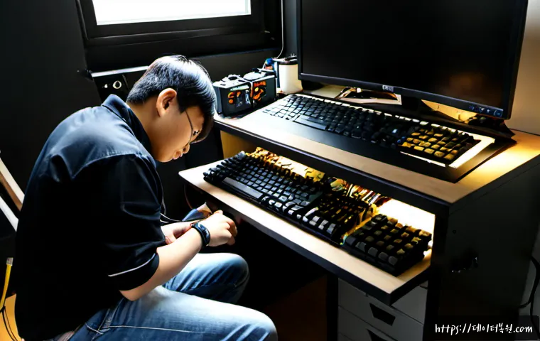 저동 메모리조립 및 교체수리 - Photorealistic electronics repair bench in Jeo-dong, Seoul, technician installing matched RAM module...