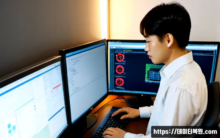 관철동 STATUS_KERNEL_MODULE_ACCESS_DENIED - Photorealistic IT support workstation in a compact central Seoul office, dual monitors showing an ab...