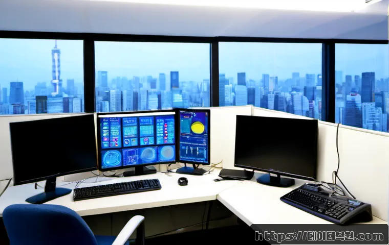 미근동 STATUS_KERNEL_DATA_CORRUPTION - Photorealistic IT support workstation in a compact Migun-dong office, dual monitors showing abstract...