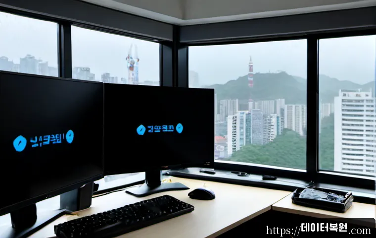 경안동 STATUS_PAGEFILE_MISSING - Photorealistic remote-support workstation in a compact Gyeongan-dong office, dual monitors showing a...