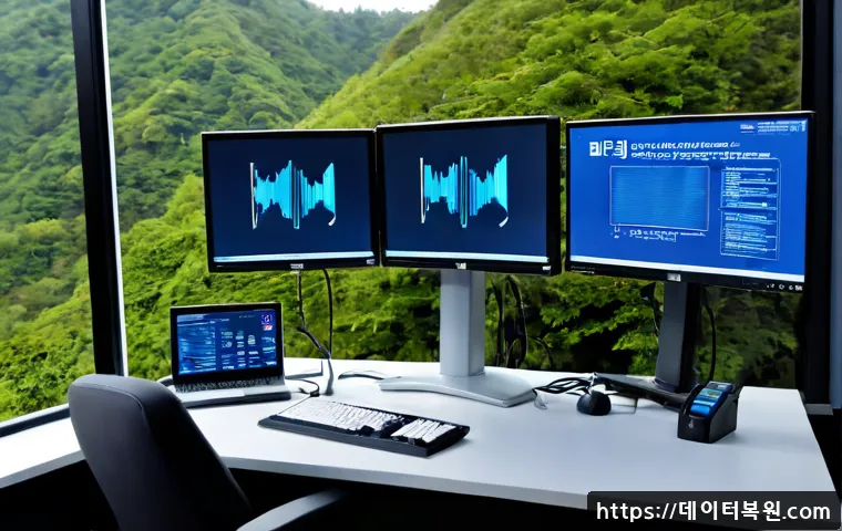 남산동 HAL_INITIALIZATION_FAILED - Photorealistic IT support workstation in a compact hillside office near a forested urban slope, dual...