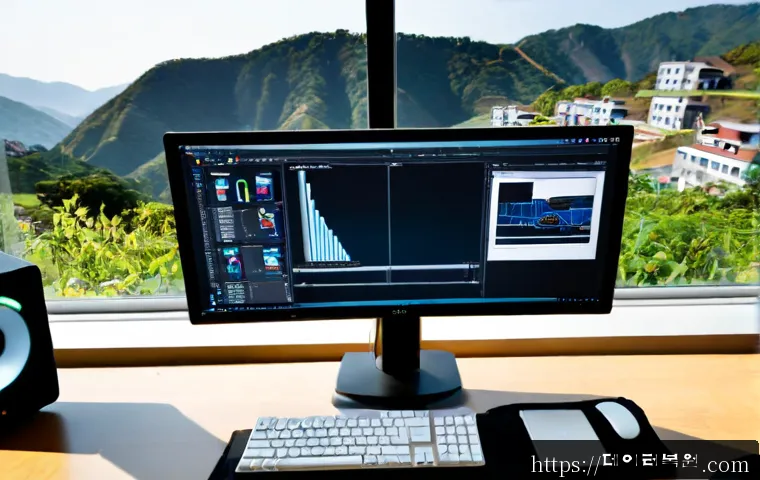 이화동 KERNEL_SECURITY_CHECK_FAILURE - Photorealistic IT support workstation in a compact hillside apartment studio, dual monitors showing ...