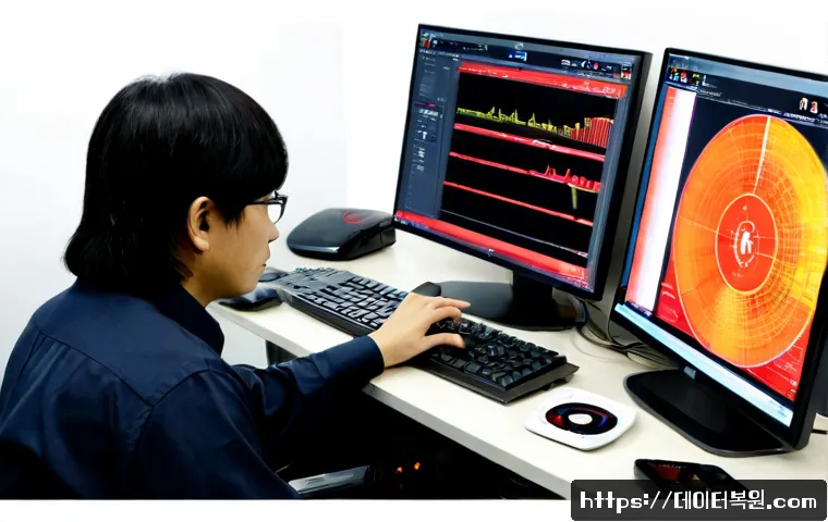 낙원동 STATUS_UNSUCCESSFUL - Photorealistic IT support workstation in Nakwon-dong, Seoul, dual monitors showing a clean abstract ...